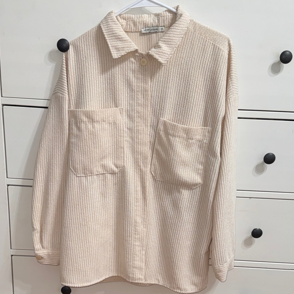 Cream Ribbed Button-Up Shirt